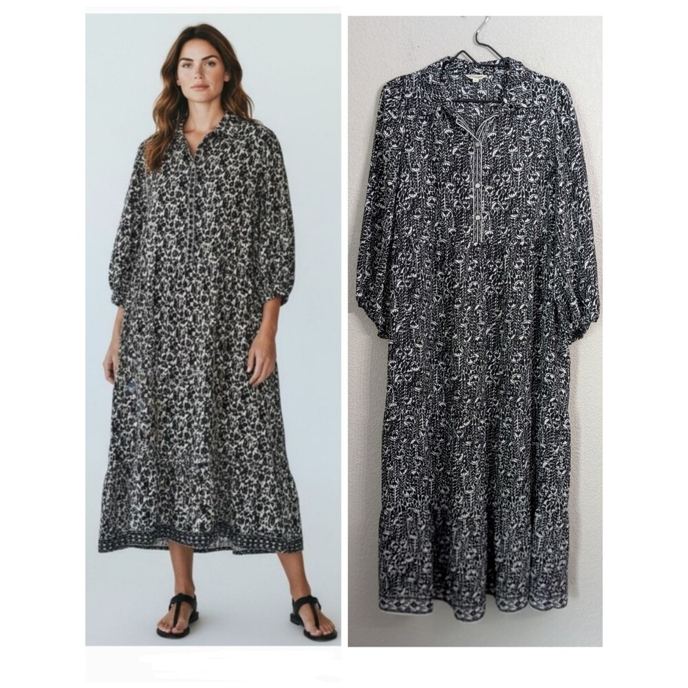 Max Studio Black White Tiered Midi Maxi Dress Sz L 3/4 Sleeve Flowy Relaxed Fit